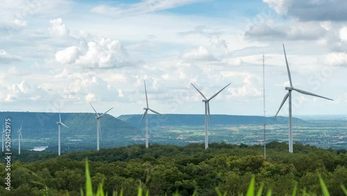 4K Time lapse wind turbines generate electricity in the mountains. It is a future clean and safe technology for the environment. concept technology save the world.