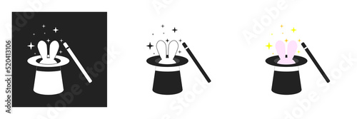 magician hat icon with magic wand and rabbit. Symbol of magic, focus