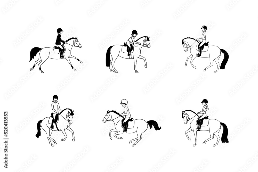 Set of cute young pony riders, black and white vector illustration