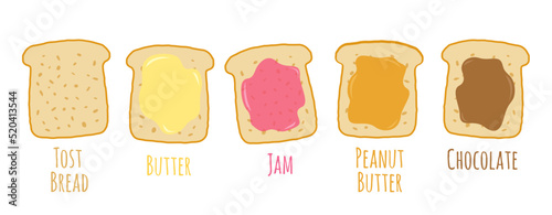 Vector set icons of tost bread with different toppings. Vector illustration of tost breads with butter, peanut butter, jam and chocolate paste.