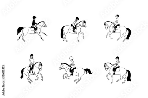 Set of cute young pony riders, black and white vector illustration