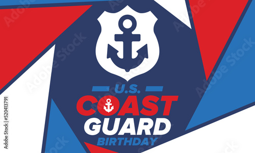 U.S. Coast Guard Birthday in United States. Federal holiday, celebrated annual in August 4. Sea style. Design with anchor and shield. Patriotic element. Poster, greeting card, banner and background
