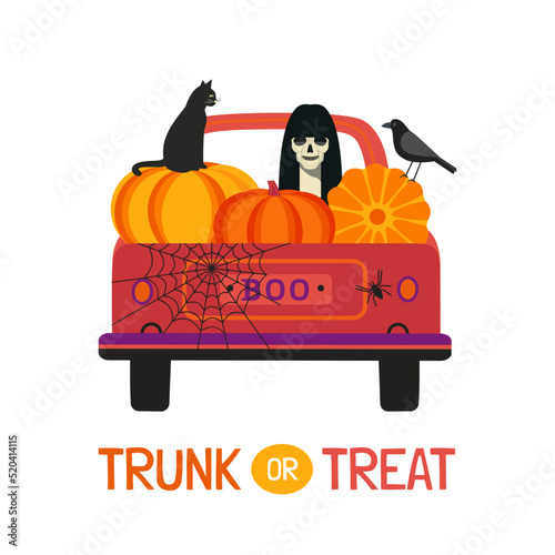 Fancy Halloween Trunk or Treat flat vector poster. Holiday truck with scary ghost, pumpkins, black cat, crow cartoon design element. Happy Halloween holiday fun event spooky background illustration