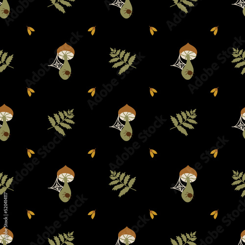 Mushroom pattern. Halloween mushroom seamless pattern. Horror spooky background. Dark witchcraft print. Cartoon nature design, wallpaper, paper, textile. Vector illustration. Fly agaric on black.