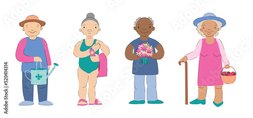 Set of cartoon different old people. Happy retirees in summer.