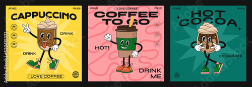 Retro poster style coffee drink cartoon characters, funny colorful doodle style characters, cappuccino, cocoa, latte, espresso. Vector illustration with typography elements