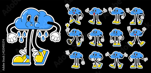 Cartoon retro character mascot cloud and hands in gloves. Stickers with a cute and funny character in the style of the 90s. Helper vector set