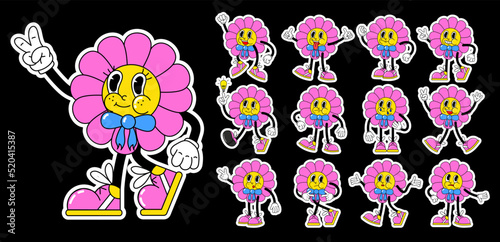 Cartoon retro character mascot flower and hands in gloves. Stickers with cute and fun nature character in 90s style. Helper vector set