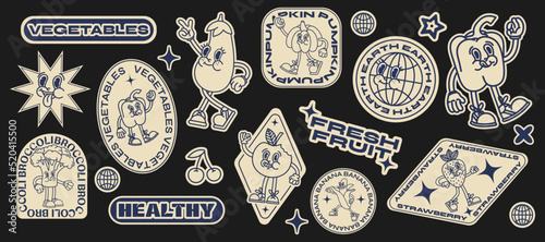 Collection of various stickers of vegetables and fruits in retro style. set of healthy food and natural products labels, tags, stickers, stamps for labeling.Vector set, trendy promo labels.