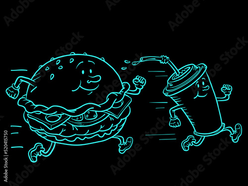 Fast food characters burger and cola drink run. Sports lifestyle and street food