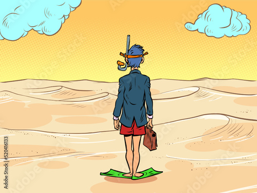 a businessman in a scuba diving mask stands in front of the desert sands, there is no water. Global warming ecology concept