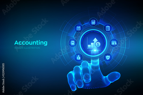 Accounting. Accountancy service. Banking Calculation. Financial analysis, investments and business consulting concept. Online banking. Wireframe hand touching digital interface. Vector illustration.