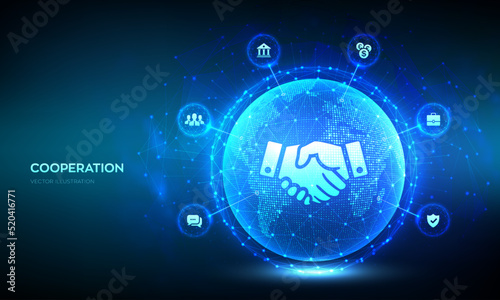 Partnership technology concept. Business partnership. Global cooperation network. Internet communication. Teamwork. World map point and line composition. Earth planet globe. Vector illustration.