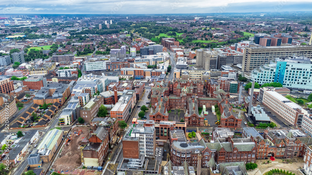drone view of University of Liverpool, Liverpool, UK