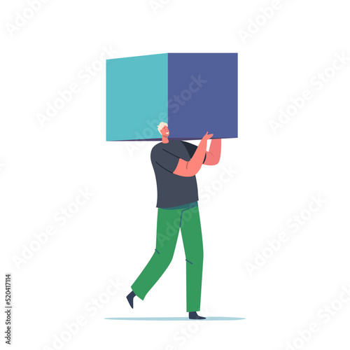 Tiny Male Character Carry Huge Cube Or Building Block Isolated On White Background. Blockchain Technology, Data Elements