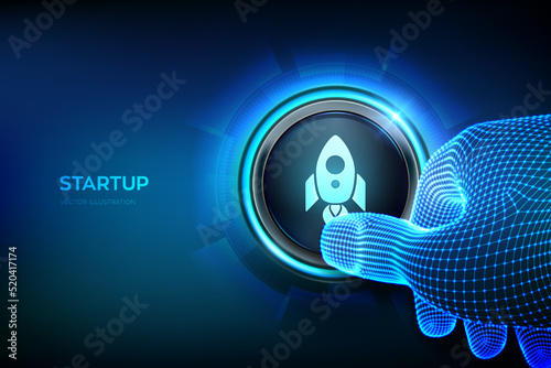 Startup. Business start up. Idea through planning and strategy. Venture investment business and development concept on virtual screen. Closeup finger about to press a button. Vector illustration.