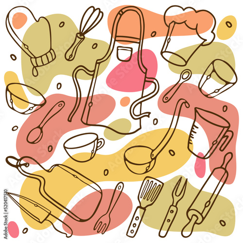 Kitchen tools outline doodle Set..Pattern on colored rounded spots background for fabric, wallpaper, design menu.Vector Illustration