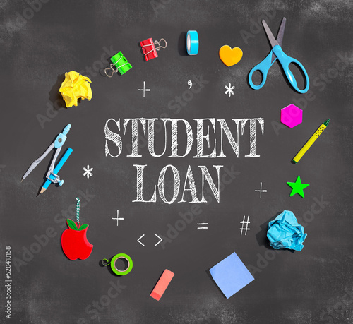 Student Loan theme with school supplies on a chalkboard - flat lay