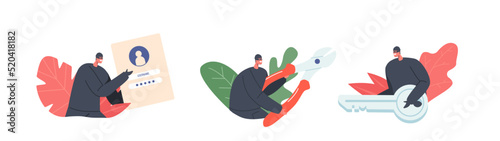 Set Of Criminals, Burglars, Hackers Wearing Black Hats, Masks And Clothes Holding User Information, Cutters And Key