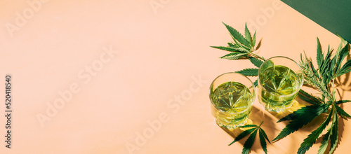 SBD hemp drink different glass glasses, creative green hard shadow background, cocktail of cannabis