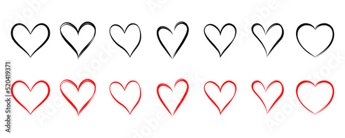Hand drawn black and red heart. Set of hand drawn symbol love. Abstract sketch heart.