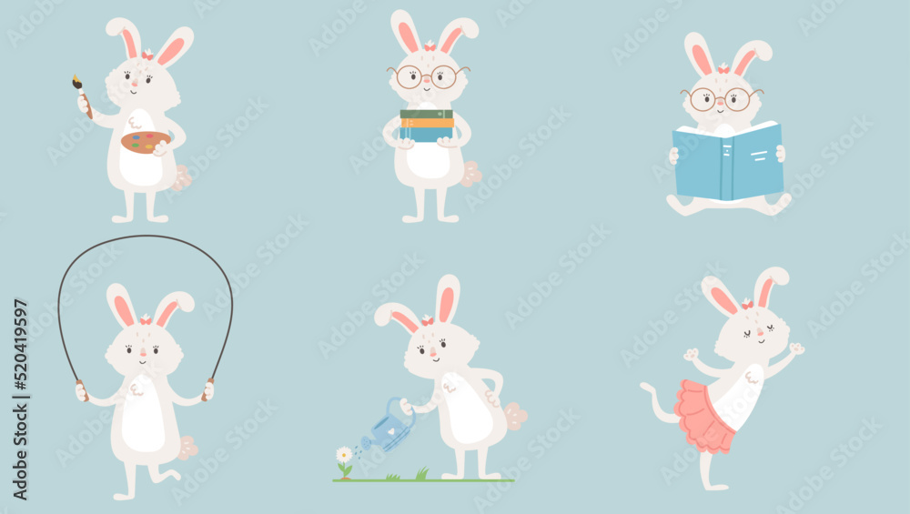 Set of rabbit while reading books, painting, jumping, gardening, dancing Set of rabbit while reading books, painting, jumping, gardening, dancing