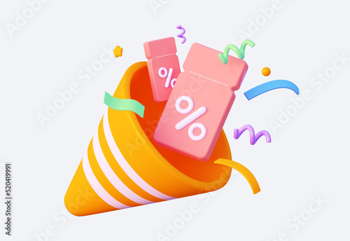 Pink coupon with confetti and festive popper. Promo code for a bargain purchase. Illustration of 3d rendering. Can be used for web design, printing and social media