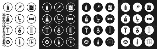 Set Glass of whiskey and ice cubes, Barbershop chair, Aftershave, Cream or lotion cosmetic tube, Bow tie, Hairbrush, and Shaving razor icon. Vector