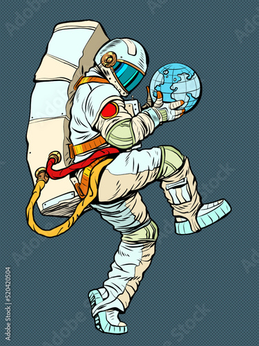 astronaut holding planet earth in hands, ecology science and world economy theme. man in a funny pose