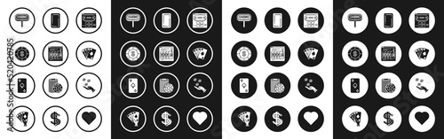 Set Online poker table game, slot machine with lucky sevens jackpot, Casino chip dollar symbol, signboard, Playing cards, back, Hand holding casino chips and spades icon. Vector