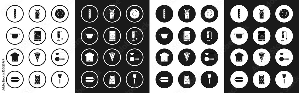 Set Roll bun with cinnamon, Cookbook, Cooking pot, French baguette bread, Blender, Windmill, Measuring spoon and Chef hat icon. Vector Set Roll bun with cinnamon, Cookbook, Cooking pot, French baguette bread, Blender, Windmill, Measuring spoon and Chef hat icon. Vector