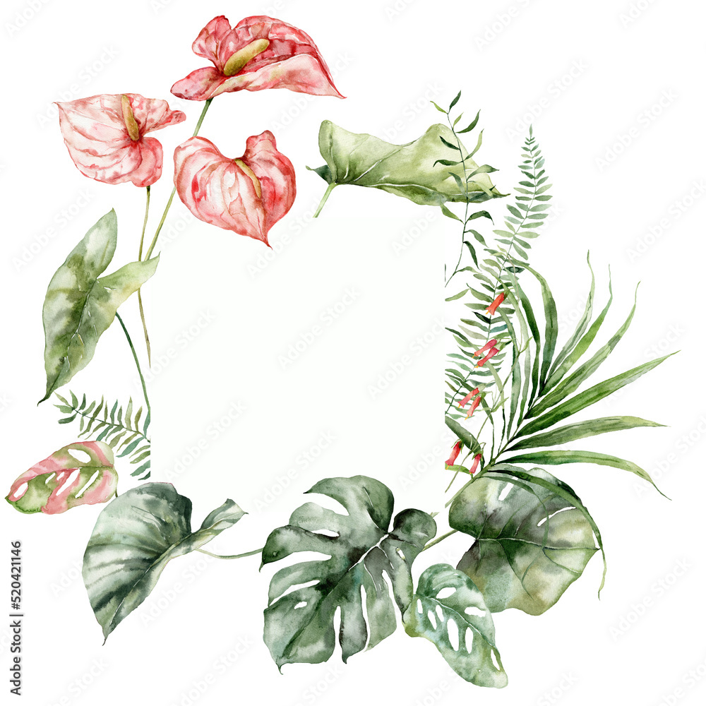 Watercolor tropical flowers frame of anthurium, monstera and fern. Hand painted floral border isolated on white background. Holiday Illustration for design, print, fabric or background.