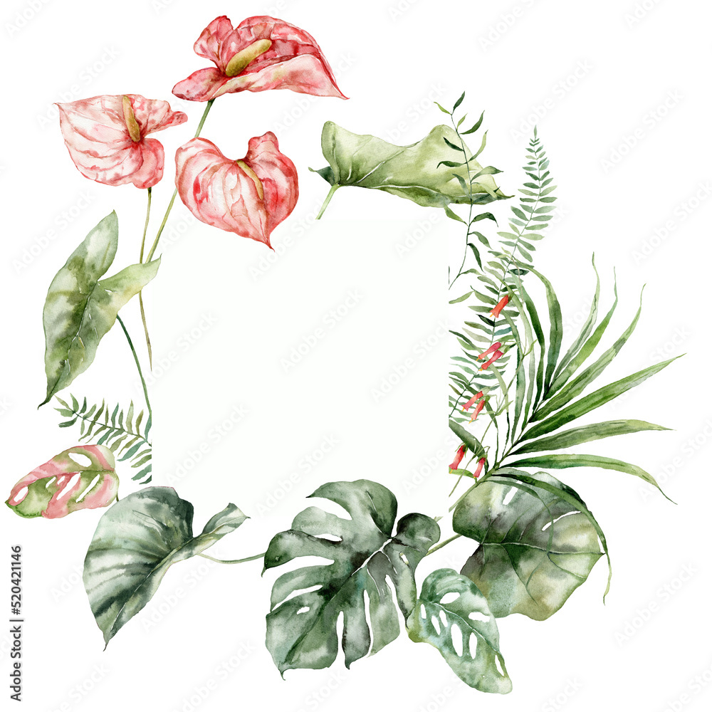 Fototapeta premium Watercolor tropical flowers frame of anthurium, monstera and fern. Hand painted floral border isolated on white background. Holiday Illustration for design, print, fabric or background.