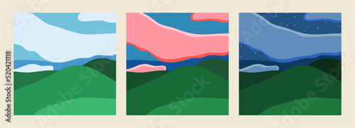 Abstract mountain landscapes, day, evening and night. Trendy flat background, green mountains and blue sky. Natural environment, hand drawn cartoon, nature vector illustration.