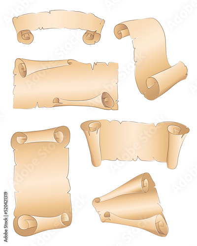 Ancient scrolls isolated over a white background. Set of six vintage banners. Paper parchments and old manuscripts, vector ancient vintage papyrus