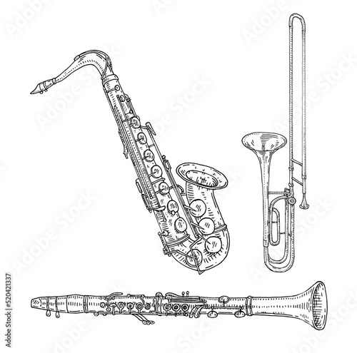 Trombone, saxophone, clarinet. Vector vintage black engraving