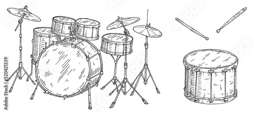Drum kit set. Vintage black engraving illustration