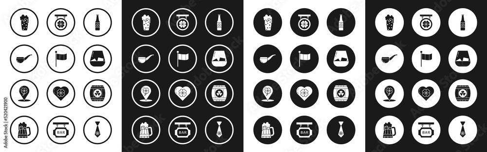 Set Beer bottle with four leaf clover, National Ireland flag, Smoking pipe, Glass of beer, whiskey, Street signboard, Wooden barrel and Location icon. Vector Set Beer bottle with four leaf clover, National Ireland flag, Smoking pipe, Glass of beer, whiskey, Street signboard, Wooden barrel and Location icon. Vector