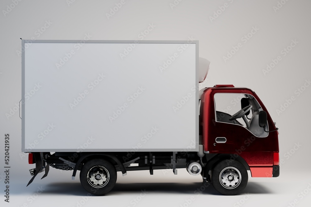 delivery by location. delivery services. loading track. a large white truck for delivering parcels with a red body on a white background. 3d illustration. 3d render delivery by location. delivery services. loading track. a large white truck for delivering parcels with a red body on a white background. 3d illustration. 3d render
