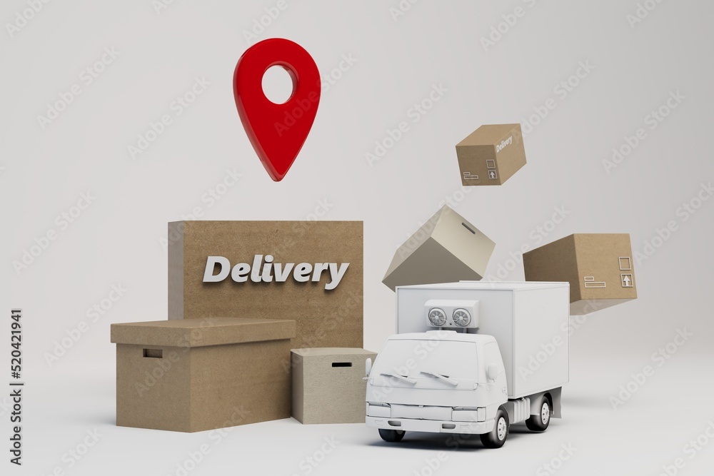 delivery of goods to the specified address. geolocation. delivery services. brown boxes with the inscription delivery, a red geolocation icon, a white track on a white background. 3d render - obrazy, fototapety, plakaty 