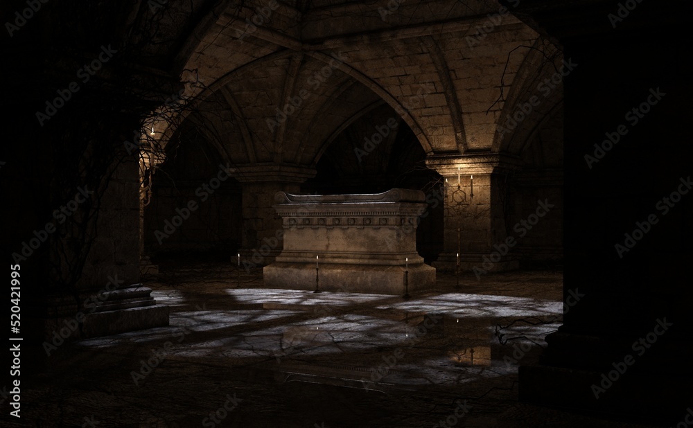 Tomb inside a candlelit crypt