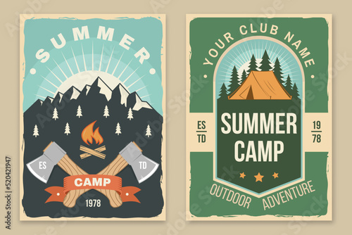 Set of camping poster, banner. Vector. Concept for shirt or logo, print, stamp or tee. Vintage typography design with axe, campfire, tent, forest and mountain silhouette. Camping quote.