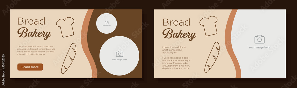 Bread bakery online banner template set, baker business shop advertisement sign, loaf wheat buns horizontal ad, grain food content marketing post, creative brochure, isolated on background Bread bakery online banner template set, baker business shop advertisement sign, loaf wheat buns horizontal ad, grain food content marketing post, creative brochure, isolated on background