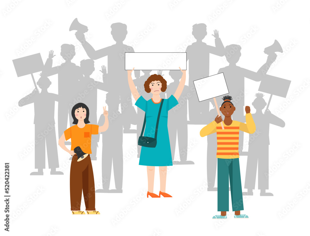 Women with placards stand at the rally. People of various nationalities fight for their rights. Vector illustration. For use in brochures, advertising posters, prints and visual flyers. Women with placards stand at the rally. People of various nationalities fight for their rights. Vector illustration. For use in brochures, advertising posters, prints and visual flyers.