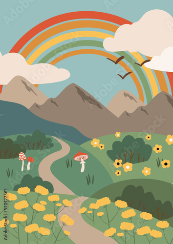 Cards with groovy landscape clipart, Backgrounds with abstract mountains, retro waves clip art, Postcard designs with colorful abstract shapes, Vector illustration in flat style.