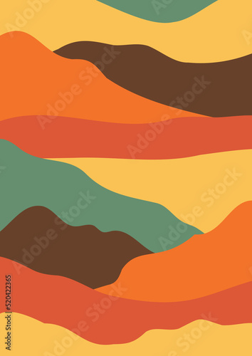 Cards with groovy landscape clipart, Backgrounds with abstract mountains, retro waves clip art, Postcard designs with colorful abstract shapes, Vector illustration in flat style.