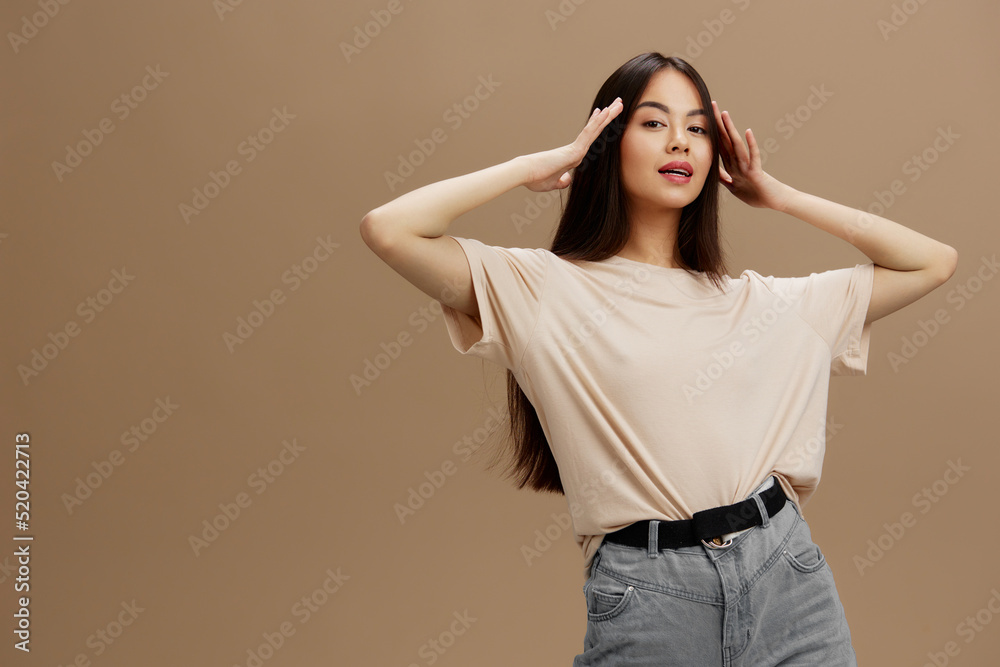 pretty woman t-shirt posing modern styles cosmetics studio model pretty woman t-shirt posing modern styles cosmetics studio model