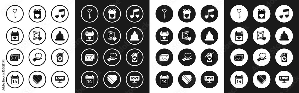 Set Music note, tone with hearts, Condom in package, Calendar, Key shape, Gift box, Heart tag and Envelope Valentine icon. Vector Set Music note, tone with hearts, Condom in package, Calendar, Key shape, Gift box, Heart tag and Envelope Valentine icon. Vector