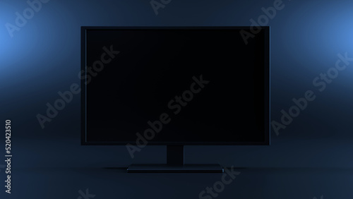 Pc monitor with black screen under blue light and blue background. 