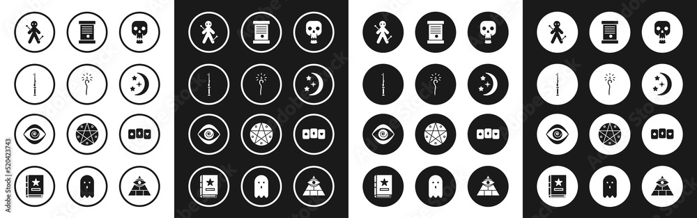 Set Skull, Magic staff, wand, Voodoo doll, Moon stars, Decree, paper, parchment, scroll, Playing cards and Hypnosis icon. Vector